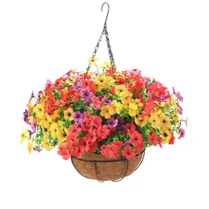Detail of multi-colored faux flowers in a hanging coconut coir basket with black metal frame