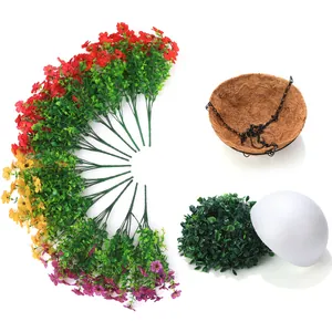 Detail view of colorful faux flowers, coconut fiber liner, and metal hanging basket kit
