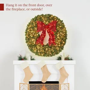 48-inch lighted Christmas wreath with warm LED lights and a large red glitter bow