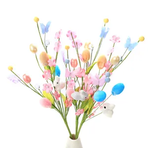 Detail of Easter floral pick with pastel eggs, flocked bunnies, and blue butterflies