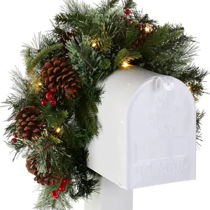 Christmas Mailbox Garland Swag With Warm LED Lights Natural Pinecones Red Berries Faux Pine Needle Outdoor Home Decoration