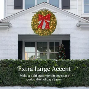 Extra large 48-inch Christmas wreath with warm LED lights and a big red glitter bow