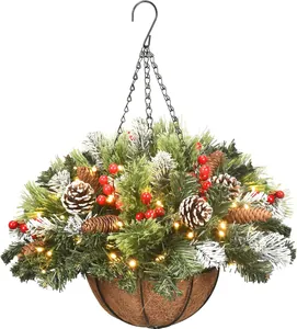 Detailed close-up of Christmas hanging basket with warm LED lights and pine cones