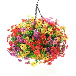 Detail of fall artificial flower hanging basket with colorful blooms and coconut coir liner