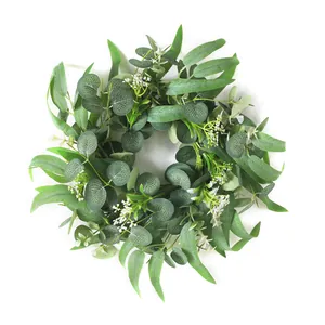 Corona de eucalipto de 30cm con flores blancas para decoración de Pascua y primavera