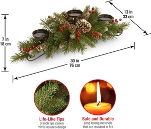 Christmas centerpiece with 3 candle holders featuring holly berries and pine needles detail