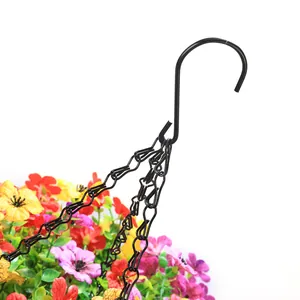 Detail of sturdy black metal S-hook and chain for garden hanging basket assembly
