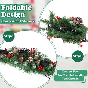 Bougeoir de Noël pliable avec aiguilles de pin vertes, baies rouges et pommes de pin