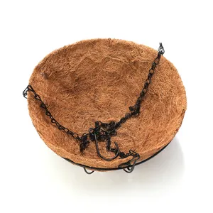 Hanging semi-circular coconut fiber planter with black metal support frame and chain