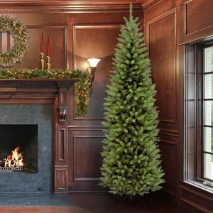 Detail of a 7.5ft green pencil Christmas tree with dense PVC needles and metal stand