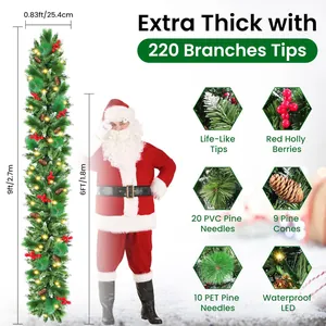 9 Fuß beleuchtete Weihnachtsgirlande mit 220 Spitzen, roten Beeren und warmen LED-Lichtern