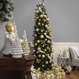 2.1m green PVC Christmas tree with gold and silver ornaments and a resin angel statue