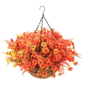Autumn artificial flower hanging basket with orange yellow flowers and coconut fiber liner