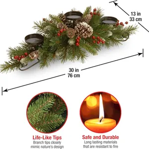 30-inch Christmas 3-candle holder with lifelike pine needles, pinecones, and red berries