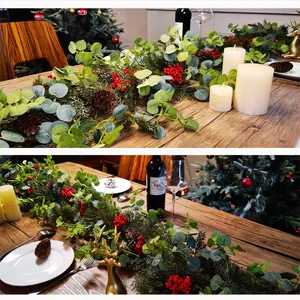 1.8m Artificial Eucalyptus garland with red berries and pinecones for Christmas table decor
