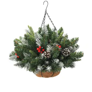 Cesto Appeso di Pino di Natale Artificiale Con Bacche Rosse Pigne Naturali Luci a LED Decorazione del Portico Esterno Casa Natale