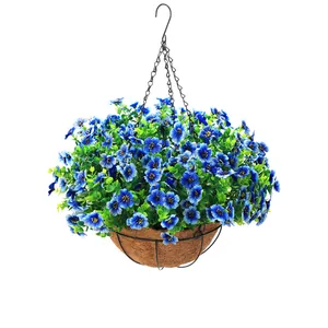 Detail view of hanging basket with blue faux flowers, coconut fiber liner, and metal chains