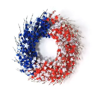 Patriotic USA Independence Day wreath with red white blue flowers and stars