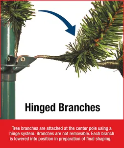 Detailed close-up of the hinged branch system on a 2.1m green PVC Christmas tree