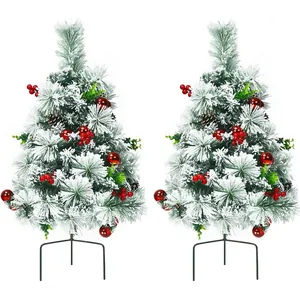 60cm Snow Flocked Christmas Tree With Red Berries Pinecones Warm LED Lights 8 Modes Ground Plug For Festive Yard Home