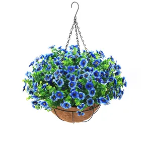 Detail of blue artificial flowers with coco liner and black hanging chain metal basket