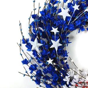 Patriotic wreath with blue and white flowers and stars for Independence Day decor