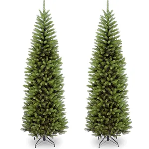 Green Slim Pencil Artificial Christmas Tree With Metal Stand High Density PVC Fire Resistant Decoration For Home Mall