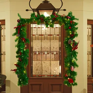 Kerstslinger LED Verlichting Rode Bessen Dennenappels Strikken Groene Kunstden Rattan Vakantie Huis Deur Haard Decoratie