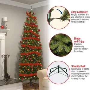 2.1m green pencil Christmas tree with warm lights and ornaments in cozy living room