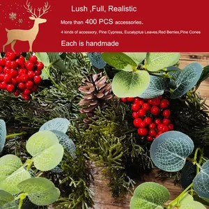 Lush 1.8m Christmas red berry garland with pine cones and eucalyptus leaves on wood