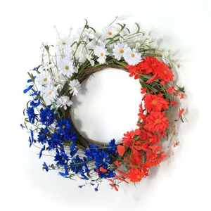 Patriotic red white and blue daisy wreath on natural rattan vine for Independence Day decoration
