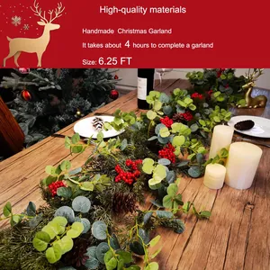 Handmade 6.25FT Christmas garland with eucalyptus leaves, red berries and pine cones
