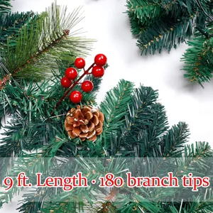 9ft Christmas garland with 180 tips featuring pine needles, red berries and pine cones