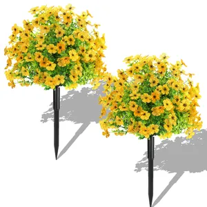 Set van 2 kunstmatige gele bloemen tuinlampen op zonne-energie voor gazondecoratie buiten