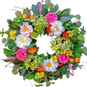 Artificial Wildflower Wreath Colorful Silk Peony Dahlia Flower Wreath For Front Door Wall Wedding Farmhouse Home Decor