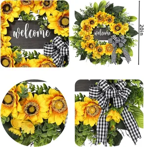 Close-up of artificial sunflower wreath with welcome sign and plaid bow detail