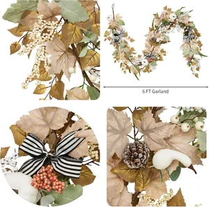 6 FT Autumn garland with white pumpkins, maple leaves, pine cones and striped bows