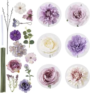DIY purple artificial flower box with silk roses, peonies and floral iron wire stems