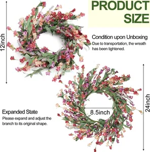 Size comparison of artificial wildflower wreath showing 12-inch compact and 24-inch expanded views