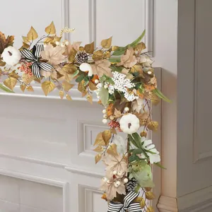 1.8m Autumn garland with white pumpkins, maple leaves, and striped ribbon for fireplace