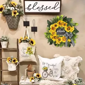 Sunflower welcome wreath with green leaves and black-white bow for home door decoration