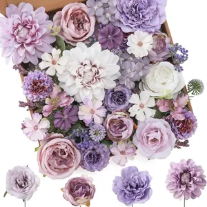 Purple Artificial Flower Mixed Rose Dahlia Peony Satin DIY For Bride Wedding Bouquet Home Party Photography Decoration