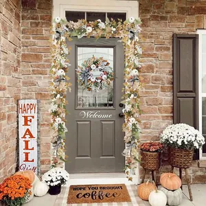 1.8m Autumn maple leaf garland with white pumpkins and striped bow for front door decor