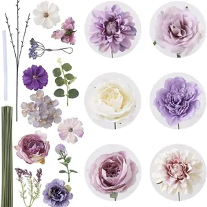 DIY purple artificial flower box with silk roses and stems for bridal wedding bouquets