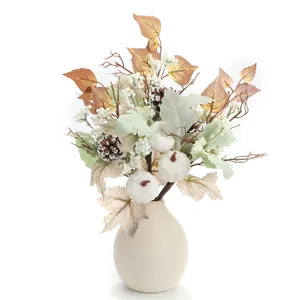 Decorazione autunnale con zucche bianche, pigne e bacche in un vaso di ceramica