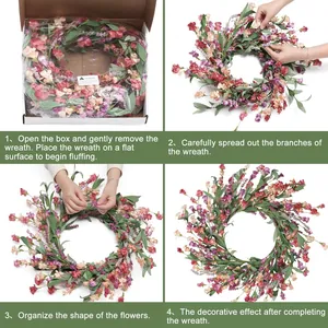 Four-step tutorial showing how to fluff and shape the artificial pink daisy wreath