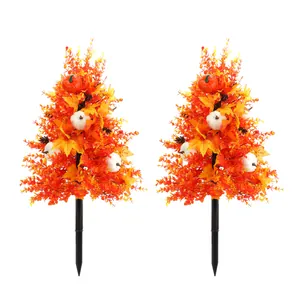 Artificial Autumn Maple Leaf Pumpkin Ground Stake Fall Garden Stake Decoration With Pinecones For Halloween Thanksgiving