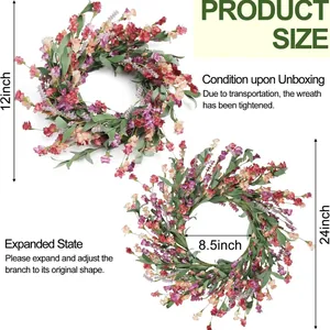 Adjustable faux daisy and wildflower wreath showing 12-inch compact and fluffy display