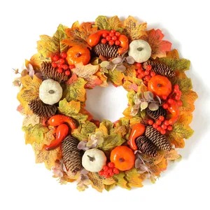 Autumn Pumpkin Pine Cone Maple Leaf Wreath For Front Door Thanksgiving Halloween Harvest Berries Wall Hanging Home Decor