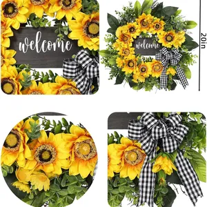 20-inch sunflower wreath with green leaves and welcome sign for front door decor
